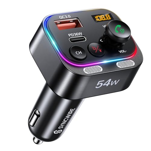 Syncwire Bluetooth 5.4 FM Transmitter Car Adapter 54W (PD 36W & 18W) [Stronger Dual Mics] [Light Switch] [HiFi Bass Sound] [Fast Charging] Wireless Radio Receiver Hands-Free Calling LED Display - color: Black