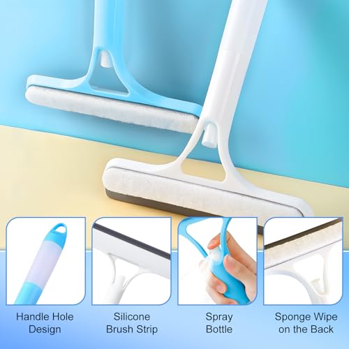 3 in 1 Window Cleaning Scraper, Cleaner Window Squeegee with Sprayer, Squeegee and Scrubber Spray Bottle Window Squeegee for Shower Glass, Mirrors, Car and Home,All-Purpose Window Cleaner Tool (Blue) - color: Blue