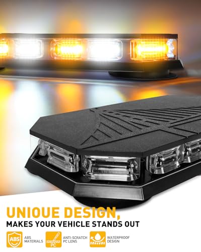 HLauto 406D Rooftop Emergency Strobe Lights Bar, 102 LED Amber White Mini Beacon Safety Flashing Warning Traffic Lights Bar w/Magnetic Base for 12-24V Trucks, Construction Vehicles, Snowplow, Cars - color: Amber/White