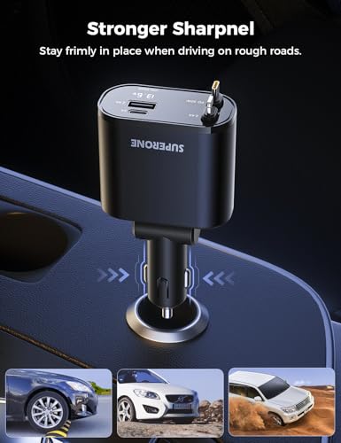 [Upgraded] SUPERONE Retractable Car Charger 4 in 1, Fast Car Phone Charger with Cord 2.6ft, USB C and Apple Car Adapter, Compatible with iPhone 17 16 15/15 Pro Max/14/13/12/11, Galaxy, Pixel - color: Black