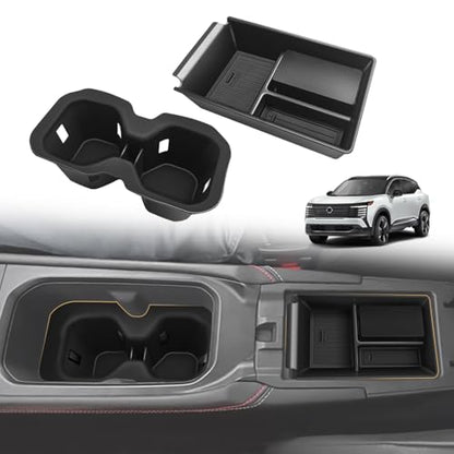 Muslogy Center Console Organizer & Cup Holder Insert 2PCS Set Compatible with 2025 2026 Nissan Kicks Accessories Armrest Box Divider Storage Tray and Drink Stopper Non-Slip (Console Tray & CupHolder) - size: Console Tray & CupHolder