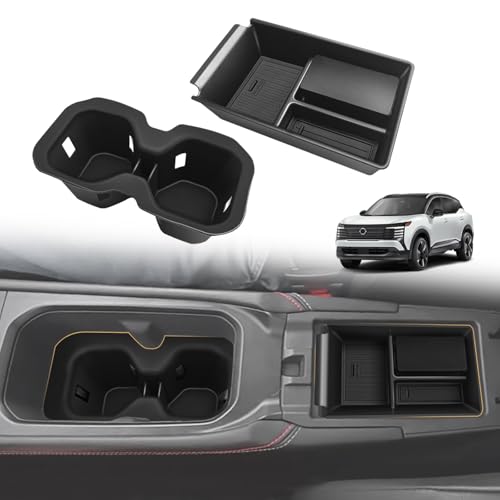 Muslogy Center Console Organizer & Cup Holder Insert 2PCS Set Compatible with 2025 2026 Nissan Kicks Accessories Armrest Box Divider Storage Tray and Drink Stopper Non-Slip (Console Tray & CupHolder) - size: Console Tray & CupHolder