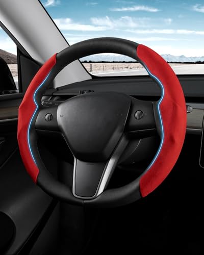 Shademax Custom-Fit for Tesla Steering Wheel Cover, Tesla Model Y/3 2017-2025 2026 (Fit Model Y Juniper 2026/ Model 3 Highland) Suede Steering Wheel Cover Non-Slip,Tesla Model Y/3 Accessories (Red) - color: Red