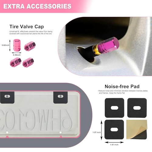 Pink License Plate Frame, Premium Fashion Matte Aluminum Alloy Holder with 2 Holes, 2 Pack Waterproof Rust-Proof Universal Car Frame for Women, Including Screws, Caps and Rattle Proof Pads - color: Pink