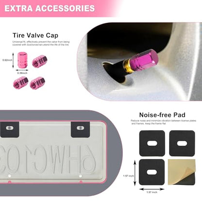 Pink License Plate Frame, Premium Fashion Matte Aluminum Alloy Holder with 2 Holes, 2 Pack Waterproof Rust-Proof Universal Car Frame for Women, Including Screws, Caps and Rattle Proof Pads - color: Pink