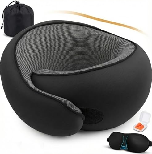 Travel Neck Pillow for Airplane – Ergonomic 360° Memory Foam Support | Lightweight & Portable Roll-Up Design| Includes Eyemask & Earplugs|Ultimate Comfort for Flights, Car&Office (Black) (Small Black) - color: Small Black