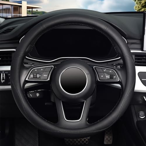 KAFEEK Black Steering Wheel Cover, Universal 15 inch, Microfiber Leather Black, Soft and Odorless, Durable Leather Cover with Anti-Slip Lining - color: black1