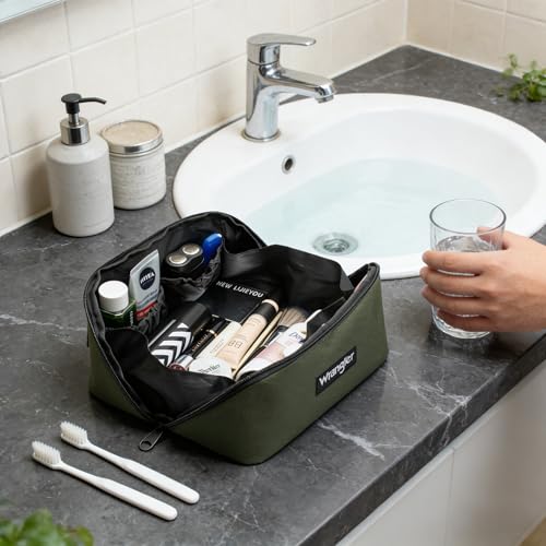 Wrangler Travel Toiletry Bag for Men & Women, Large Capacity Makeup Organizer with 4 Pockets, Water-Resistant Nylon, 180° Lay-Flat Cosmetic Bag with Handle & Double Zipper for Travel, Bathroom & Gym - color: Olive