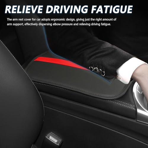 Leather Car Center Console Cover,Striped Patchwork Car Armrest Cover for Protecting Car Armrest Box & Car Decorations,Universal Car Accessories Interior Fits Cars,SUVs,Trucks (Black/Red)