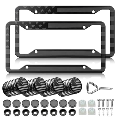 Black American Flag License Plate Frames - 2 Pack Patriotic US Flag Aluminum Metal License Plate Frame Holder Covers,Rust-Proof Waterproof Car Decorative Tag Frames with 4 Flag Car Valve Caps - color: Black USA Flag