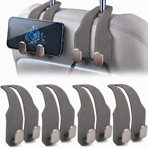4PCS Headrest Hooks for Car - Suede Car Seat Hooks for Purses and Bags, Universal Car Organizers and Storage with Double Zinc Alloy Hook for Coat Phone Grocery (Gray) - color: Gray