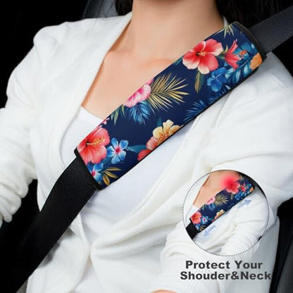 Fashion Car Seat Belt Covers Soft Cushion Pad Car Shoulder Strap Harness Pad Tropical Hawaiian Colorful Hibiscus Flowers - color: Color853