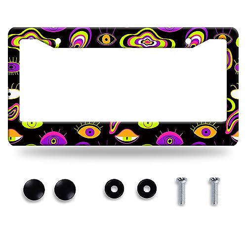 Evil Eyes License Plate Frame Colorful Psychedelic Eyes Print License Plate Funny Stainless Steel Auto Parts Beautiful License Plate Decoration Holes Screws Size 12.3" x 6.3" - color: Psychedelic Colorful Evil Eyes