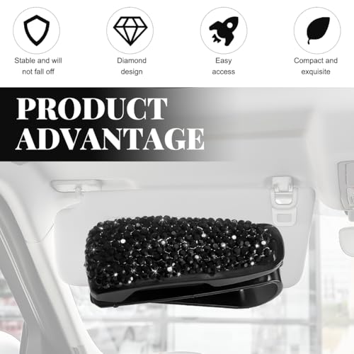 Wevdn 2 PCS Car Sun Visor Glasses Holder, Fashion Bling Car Eyeglasses Sunglasses Hanger for Women Girls, Glasses Holder Clip Hanger Mount with Ticket Card Clip, Car Accessories (Black) - color: Black
