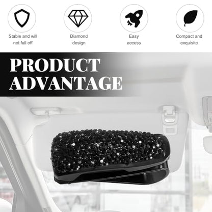 Wevdn 2 PCS Car Sun Visor Glasses Holder, Fashion Bling Car Eyeglasses Sunglasses Hanger for Women Girls, Glasses Holder Clip Hanger Mount with Ticket Card Clip, Car Accessories (Black) - color: Black