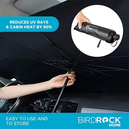 BIRDROCK HOME Car Windshield Sun Shade Umbrella - Foldable Cover UV Block for Front Window, Sunshield for SUV, Truck & Sedan, Protect Interior from Sun, Heat, & Wind - Extra Large - Black & Silver