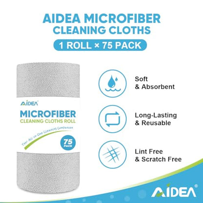AIDEA Microfiber Cleaning Cloth Roll, Grey 75PK, Reusable Paper Towels Tear Away Cloth, Microfiber Towels for Cars, Wash Cloths, Lint Free Rags for House, Kitchen,Window,Cleaning Supplies 11.5"×11.5" - color: Grey