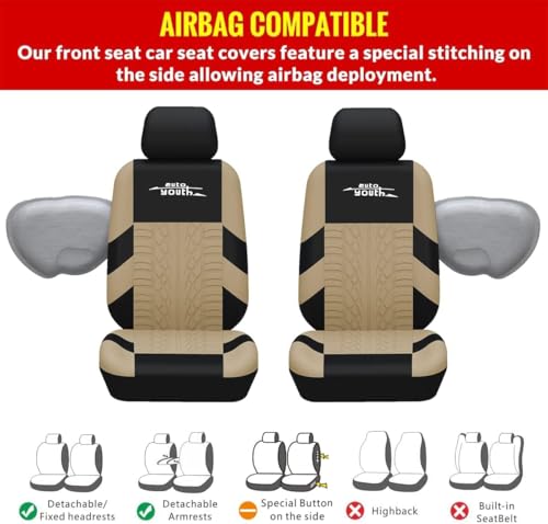 AUTOYOUTH Beige Seat Covers Front Seats Only, 3D Tyre Embossed Breathable Bucket Covers, Airbag Compatible, Quick Setup Universal Fit for Sedan, SUV, Truck, Van - color: Beige & Black, size: Front Seats Only (4 pieces)