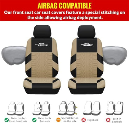 AUTOYOUTH Beige Seat Covers Front Seats Only, 3D Tyre Embossed Breathable Bucket Covers, Airbag Compatible, Quick Setup Universal Fit for Sedan, SUV, Truck, Van - color: Beige & Black, size: Front Seats Only (4 pieces)