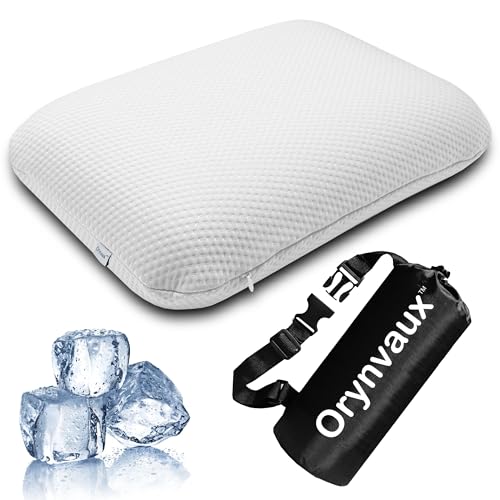 Cooling Camping Pillow, Memory Foam Travel Pillow with Adjustable Buckle Strap & Storage Bag, Compact Small Pillow for Airplane, Car Lumbar, Office, Washable Cooling Cover, Frost White - color: Frost White, size: L-17.5*11.8*4.3in