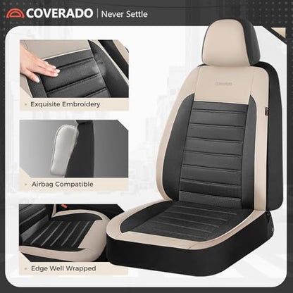 Coverado Car Seat Covers Front Seats, Luxury Leather Car Seat Covers, Automotive Mesh Seat Covers 2 Pack, Airbag-Compatible, Black Beige Seat Covers for SUV Sedan Truck - color: Beige&Black, size: Frontpair