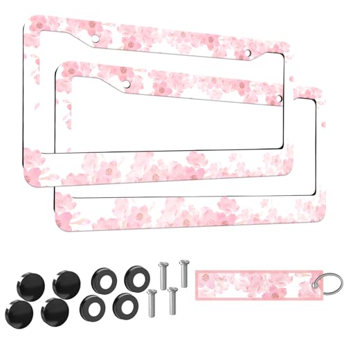 2pcs White Cherry Blossom Floral License Plate Frame for Women,White Sakura car Decorative tag Frames Girly,Japanese Cherry Blossom Flower License Plate Cover Holder for Vehicle with car Keychain tag - color: for pink Cherry Blossom