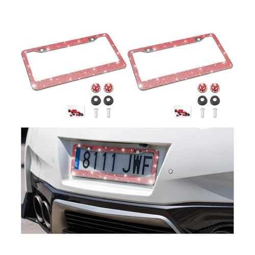 Bling 2PCS Car License Plate Frame, Handcrafted Crystal Stainless Steel License Plate Frame, Sparkly, Durable, Universal Fit, Car Accessories for Girls, Women (Red) - color: Red, size: 2PCS