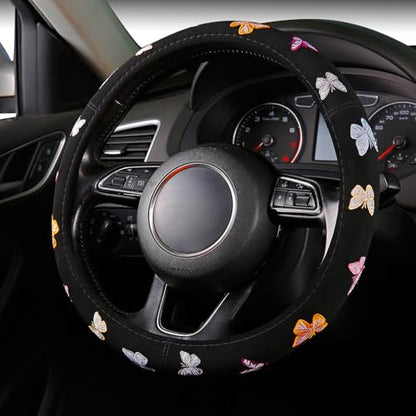 Embroidery Cute Steering Wheel Cover Stitched Butterfly Girly,Sweat Absorption,Universal 15 inch - color: Black
