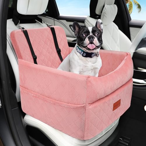 HEGGCOOE Dog Car Seat for Small Medium Dogs, Memory Foam Puppy Dog Booster Seat with Thick Cushion for Dogs Under 35lbs, Detachable Washable Pet Car Seat Travel Bed with Storage Pockets,2 Safety Belts - color: Pink