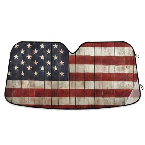 Patriotic American USA Flag Car Sun Shade Wood Texture 4th of July Windshield Sun Shield UV Ray Protection Foldable Sun Visor for Front Window Blocks Automotive Interior Accessories 55 X 27.6 in - color: USA Flag, size: M