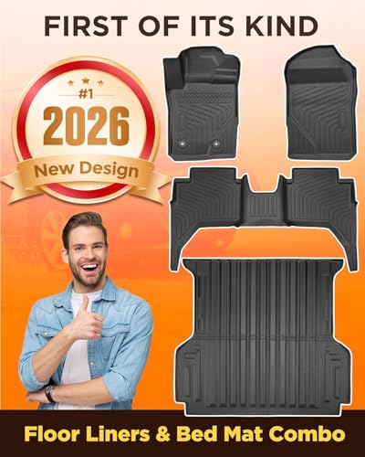 Full Set Car Truck 5FT Bed Mat & Floor Mats for Ford Ranger SuperCrew Cab: 2024-2026 All-Weather Mats for XLT Raptor Lariat XL with 5ft TPE Trunk Bedmat, Anti-Slip Waterproof Protection Accessories