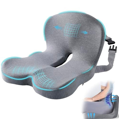 Ergonomic Seat Cushion with Adjustable Strap, Memory Foam Office Chair Seat Cushion with L-Shaped Design, Car Seat Cushion Fits for Truck Driver Semi Truck, Gaming Chair, Desk, Light Gray - color: Light Gray