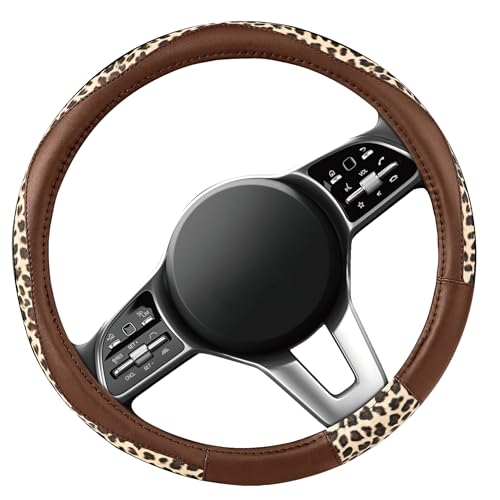 Road Comforts Steering Wheel Cover - Made with PVC Leather and Leopard Fabric - Universal 14 1/2 inches to 15 inches for Most Automotive Steering Wheel - Cheetah Print - Brown - color: Round-Brown