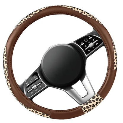 Road Comforts Steering Wheel Cover - Made with PVC Leather and Leopard Fabric - Universal 14 1/2 inches to 15 inches for Most Automotive Steering Wheel - Cheetah Print - Brown - color: Round-Brown