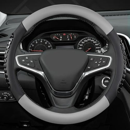 West Llama Nappa Leather Car Steering Wheel Cover Gel Massage,Cool in Summer,Universal 15 inch(Gray+Black-Standard Size) - color: F-Gray+Black, size: Standard size (14 ½''-15'')