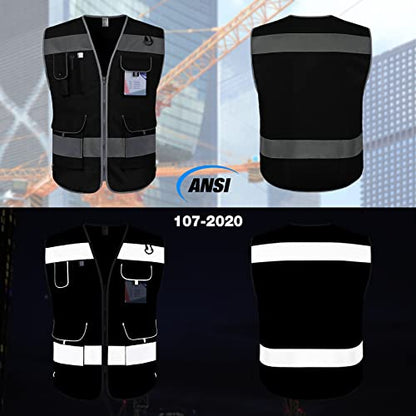 TCCFCCT Safety Vest for Men Women, 9 Pockets High Visibility Reflective Safety Vest, Hi Vis Construction Vest with Reflective Strips, Meets ANSI/ISEA Standards, (Black, Small) - color: Black Fabric-bison 001, size: Small