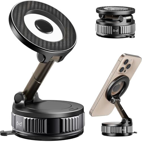 Magnetic Phone Holder for Car, 360° Rotation Magnetic Car Phone Mount, Vacuum Suction Dashboard Windshield Cell Phone Car Mount, Universal Tesla Magnetic Holder for MagSafe iPhone Android