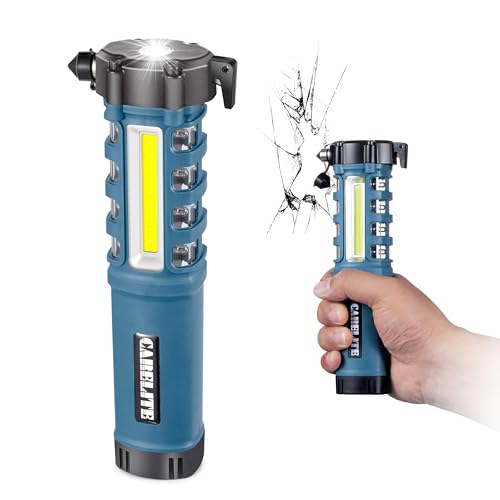 Emergency Car Flashlight with Seatbelt Cutter and Window Breaker, LED Work Light & Flash Beacon, Life-Saving Car Escape Tool for Roadside Safety (Blue) - color: Blue
