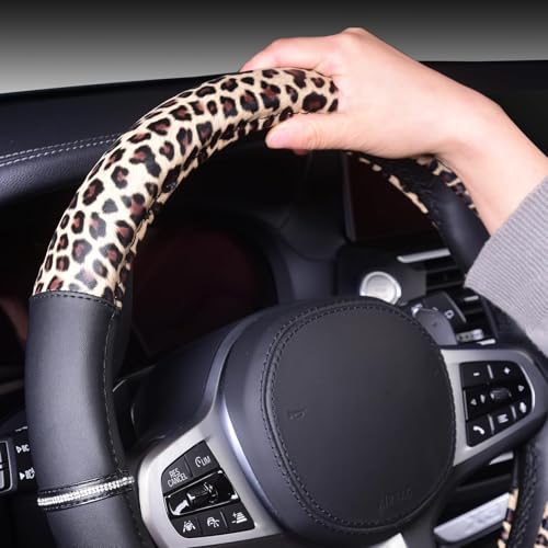 AUTOYOUTH Leopard Steering Wheel Cover - Bling Crystal Rhinestones Cheetah Print on Leather Non-Slip Breathable Design for Women/Girls Universal Fit 14.5-15 Inch(Black & Yellow) - color: BLACK AND WHITE