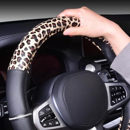 AUTOYOUTH Leopard Steering Wheel Cover - Bling Crystal Rhinestones Cheetah Print on Leather Non-Slip Breathable Design for Women/Girls Universal Fit 14.5-15 Inch(Black & Yellow) - color: BLACK AND WHITE