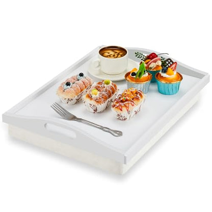Tioncy 1 Piece Bamboo Lap Tray with Detachable Pillow 16.9'' x 13'' Lap TV Trays Desk with Handles for Adults Eating in Recliner Breakfast Housewarming Gift (White) - color: White