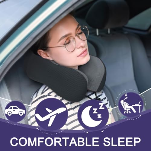 napfun Neck Pillow for Travel with Travel Pouch, Sleep Mask & Earplugs, Memory Foam Airplane Pillow for Headrest Sleep with Eyeshades, Plane Essentials with Eye Blindfold, Black Striped Kit - color: Black Striped Kit