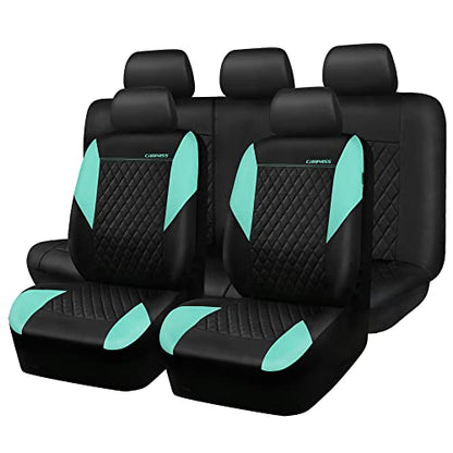 CAR PASS Mint Leather Seat Covers Full Set-Universal Quilting Cute Girly Car Seat Cover with 5mm Composite Sponge Inside,Airbag Compatible,2zipper Bench for Most Sedan,SUV,Truck(Full Set,Mint) - color: Black and Mint, size: Full Set (Front and Rear)