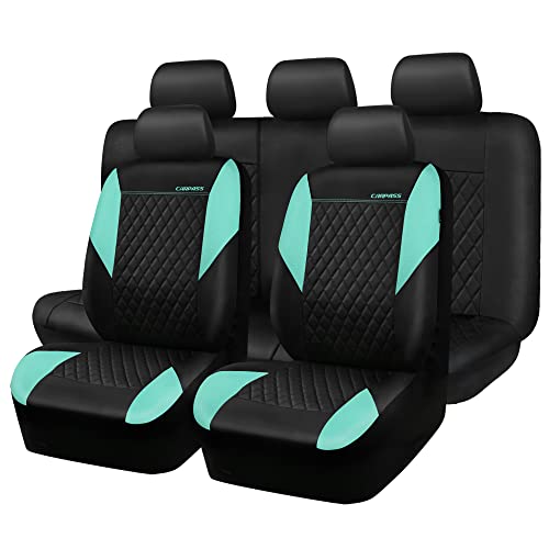 CAR PASS Mint Leather Seat Covers Full Set-Universal Quilting Cute Girly Car Seat Cover with 5mm Composite Sponge Inside,Airbag Compatible,2zipper Bench for Most Sedan,SUV,Truck(Full Set,Mint) - color: Black and Mint, size: Full Set (Front and Rear)