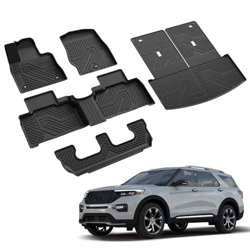 LASFIT Floor Mats & Cargo with Backrest Mat for Ford Explorer 7 Seats 2020-2025 2026 7 Passenger(Not Fit 6 Seats), Custom Fit All Weather Protector TPE Easy Clean Floor Liners, 5pcs Full Set Black - style: 3) Explorer 7-Seat| 20-26 | Combo Set
