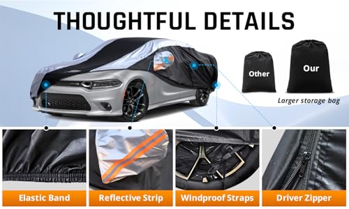 Dodge Charger Car Cover Waterproof All Weather with Silver Strip Design, Custom Fit for Dodge Charger 2006–2023, Charger Accessory with Door Zipper & Windproof Straps - size: Custom Fit Dodge Charger