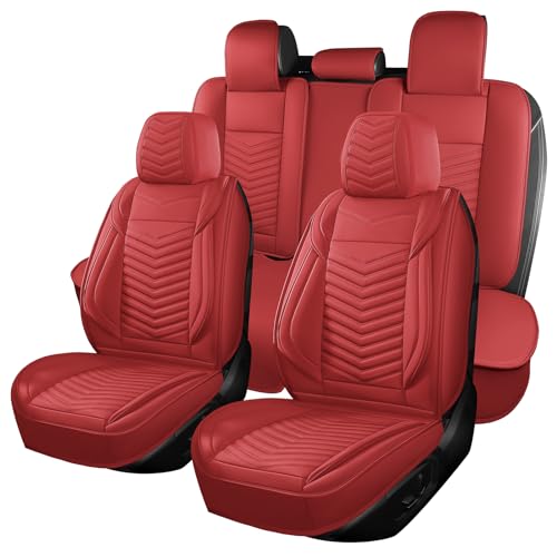HChengkikz Nappa Leather Car Seat Covers Full Set, Red Car seat Protector 5 Seats, Waterproof Car Seat Cushion, Universal Automotive Seat Covers Fit for SUV Truck Pick-up Sedan, Front and Rear - color: Style1 Red, size: Full Seat