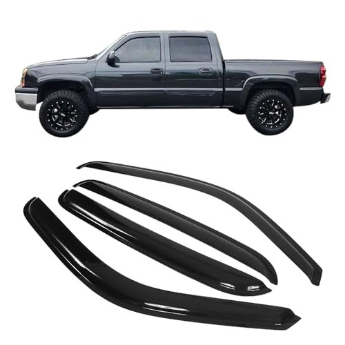 Window Visor Compatible with 2001-2006 Chevy Silverado GMC Sierra Crew Cab, Slim Style Acrylic Smoke Tinted 4PCS Sun Rain Guard Wind Vent Air Deflector by IKON MOTORSPORTS, 2002 2003 2004 2005