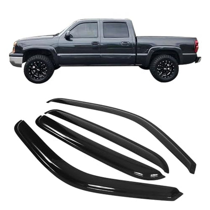 Window Visor Compatible with 2001-2006 Chevy Silverado GMC Sierra Crew Cab, Slim Style Acrylic Smoke Tinted 4PCS Sun Rain Guard Wind Vent Air Deflector by IKON MOTORSPORTS, 2002 2003 2004 2005