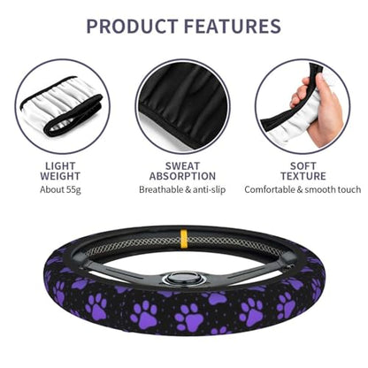Purple Paw Print Steering Wheel Cover Dog Paw Print Steering Wheel Cover Anti-Slip Breathable Universal for 15 Inch Car with 2 Pieces Car Coasters Suitable for Men Women - color: Purple Paw Print1